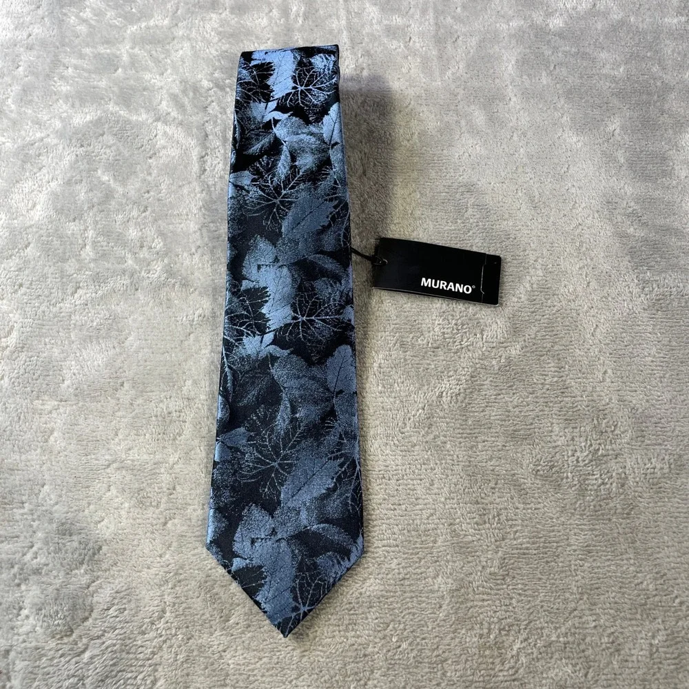 Murano Tie Necktie Blue Black Leaf Metallic Hand Finished 100 Silk Office Career